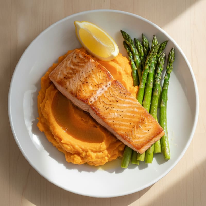 Seared Salmon Fillet with Roasted Asparagus and Sweet Potato Mash