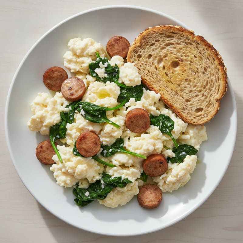 Egg White Scramble with Turkey Sausage and Sautéed Spinach