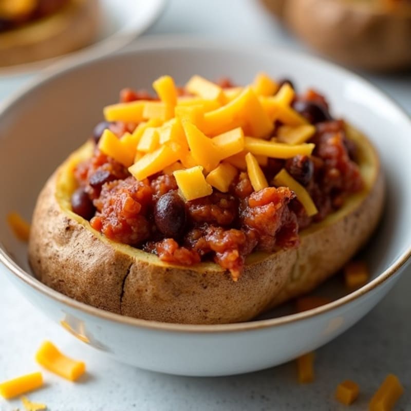 Crispy Baked Potatoes with Hearty Lean Beef Chili and Sharp Cheddar