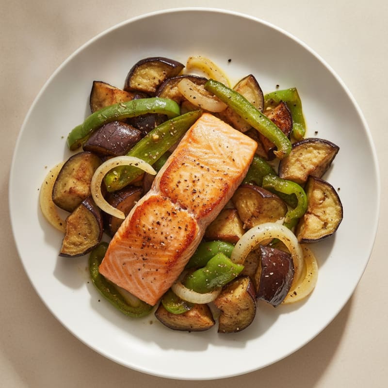 Pan-Seared Salmon with Roasted Eggplant and Peppers