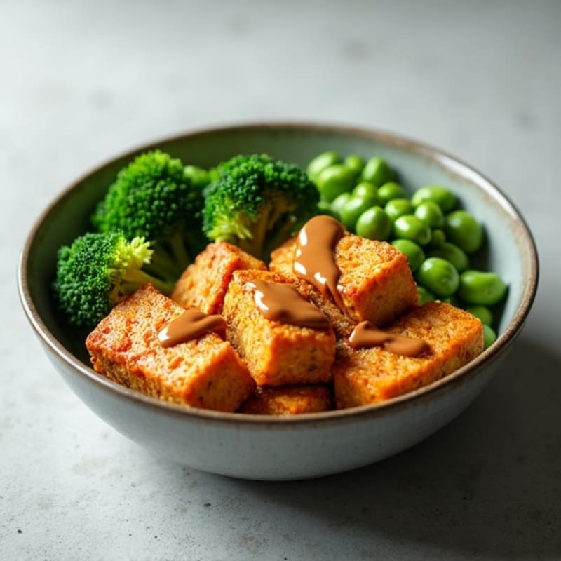 Crispy Baked Tofu with Peanut Sauce and Steamed Greens