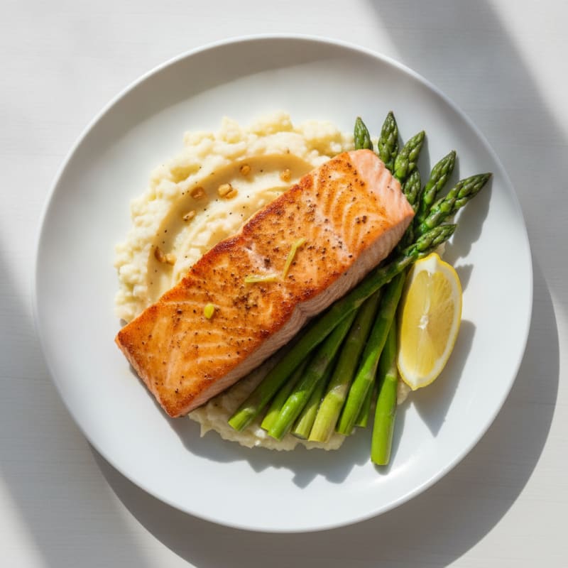 Seared Salmon with Steamed Asparagus and Garlic Cauliflower Mash