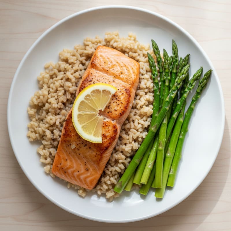 Seared Salmon Fillet with Steamed Asparagus and Brown Rice