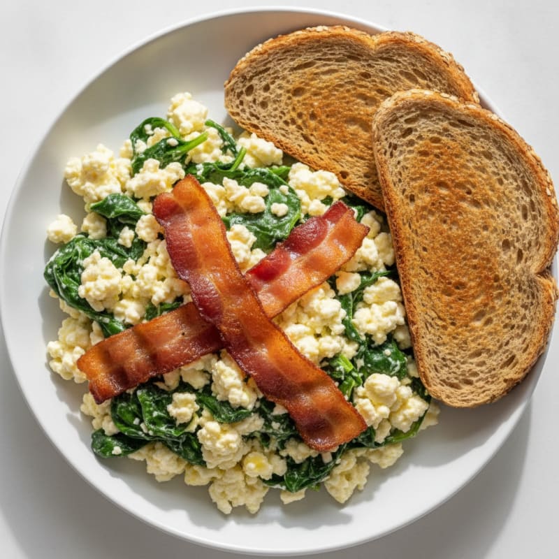 Cottage Cheese Egg Scramble with Spinach and Turkey Bacon