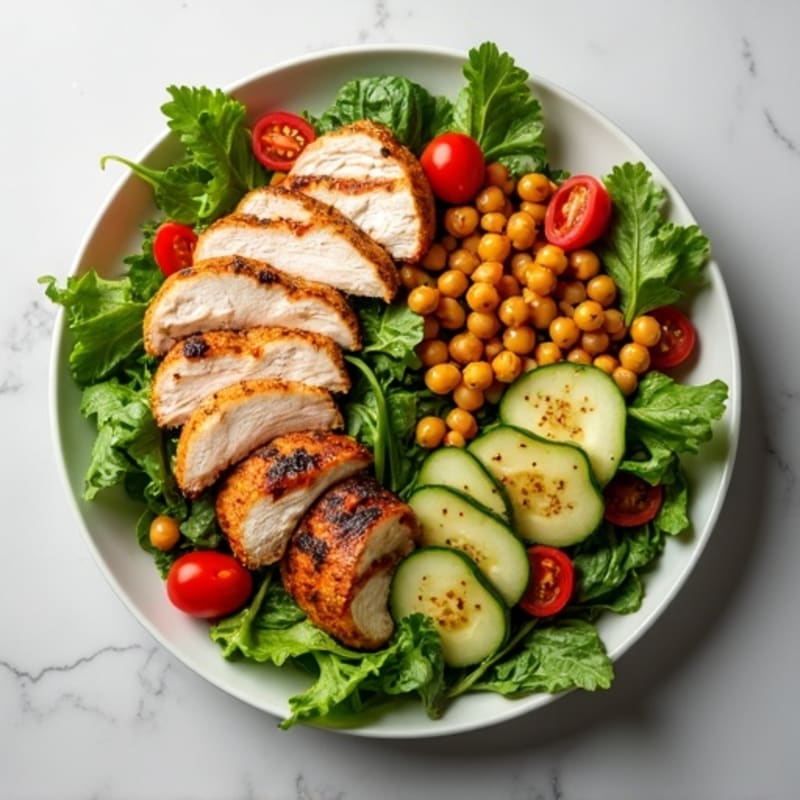 Grilled Turkey Breast Salad with Crunchy Chickpeas and Mixed Greens
