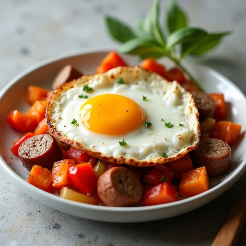 Turkey Sausage and Sweet Potato Hash with Fried Eggs