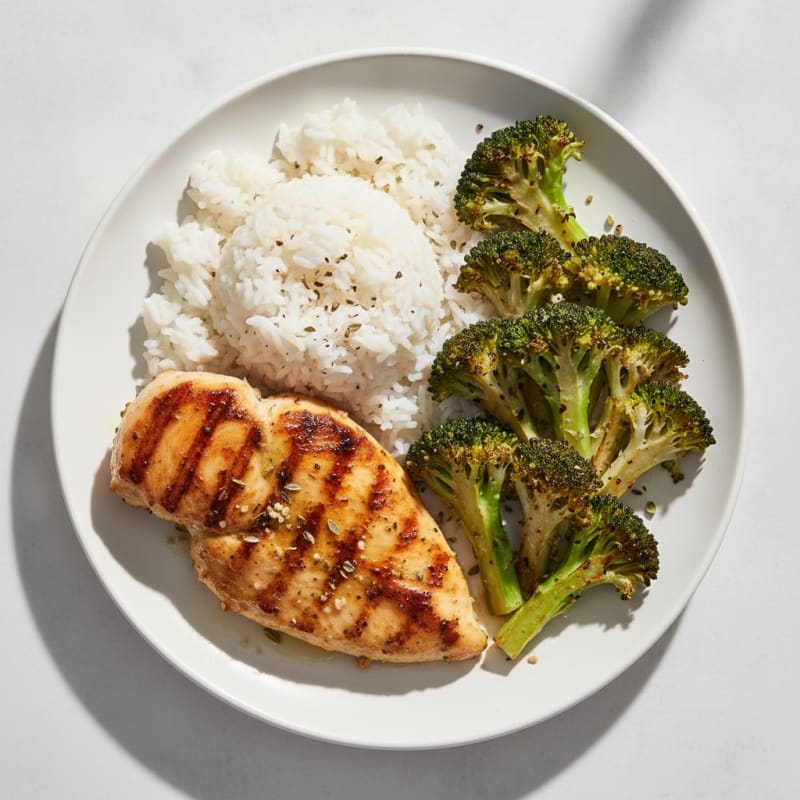 Grilled Herb Chicken with Steamed Rice and Roasted Broccoli