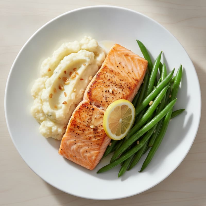 Seared Salmon with Steamed Green Beans and Garlic Mashed Cauliflower