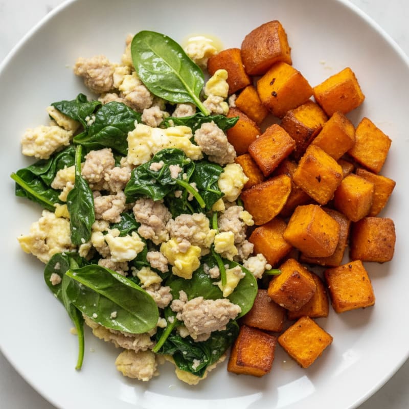 Egg White and Turkey Spinach Scramble with Roasted Sweet Potatoes