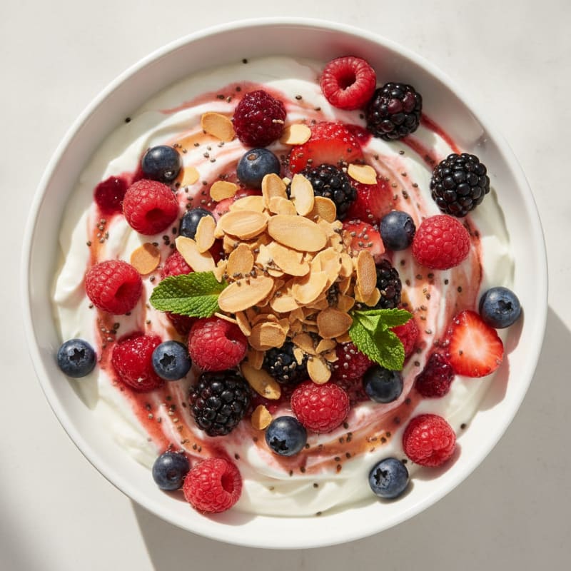 Greek Yogurt Protein Parfait with Mixed Berries and Almonds