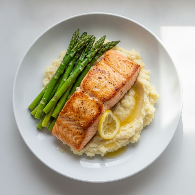 Seared Salmon with Steamed Asparagus and Cauliflower Mash