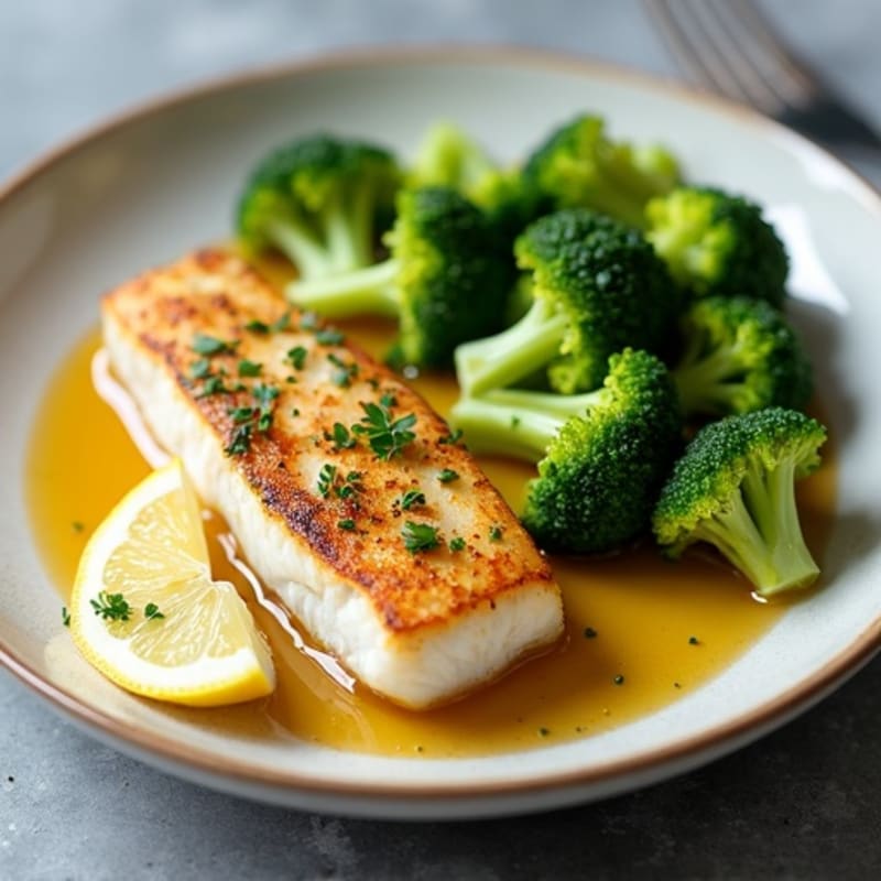 Seared White Fish with Steamed Broccoli and Lemon