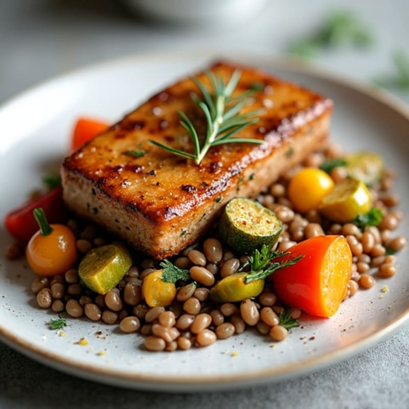 Herb-Roasted Tempeh with Lentil and Vegetable Sauté