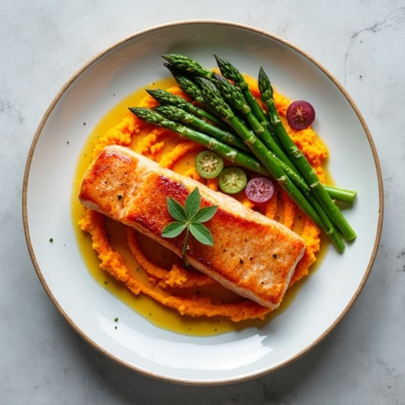 Seared Salmon Fillet with Steamed Asparagus and Sweet Potato Mash