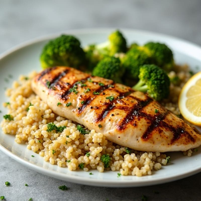 Grilled Lemon Garlic Chicken Breast with Quinoa and Roasted Broccoli