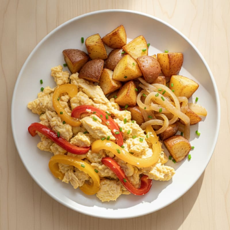 Scrambled Eggs with Roasted Peppers and Onions