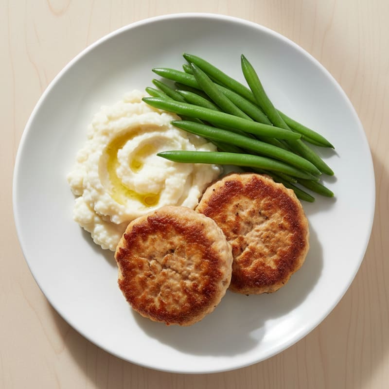Seared Turkey Patties with Steamed Green Beans and Cauliflower Mash