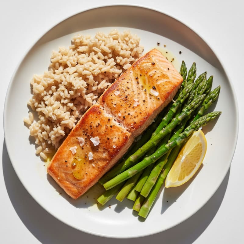 Seared Salmon Fillet with Steamed Asparagus and Brown Rice