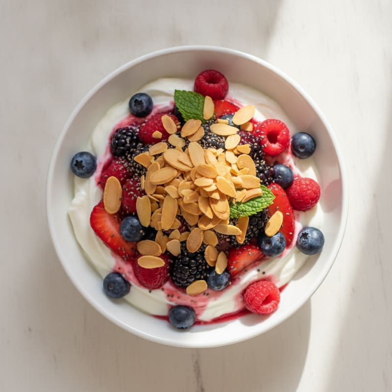 Greek Yogurt Protein Parfait with Mixed Berries and Almonds