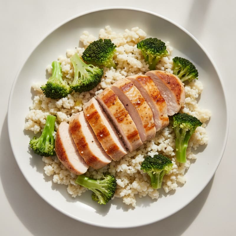 Seared Turkey Breast with Steamed Broccoli and Cauliflower Rice