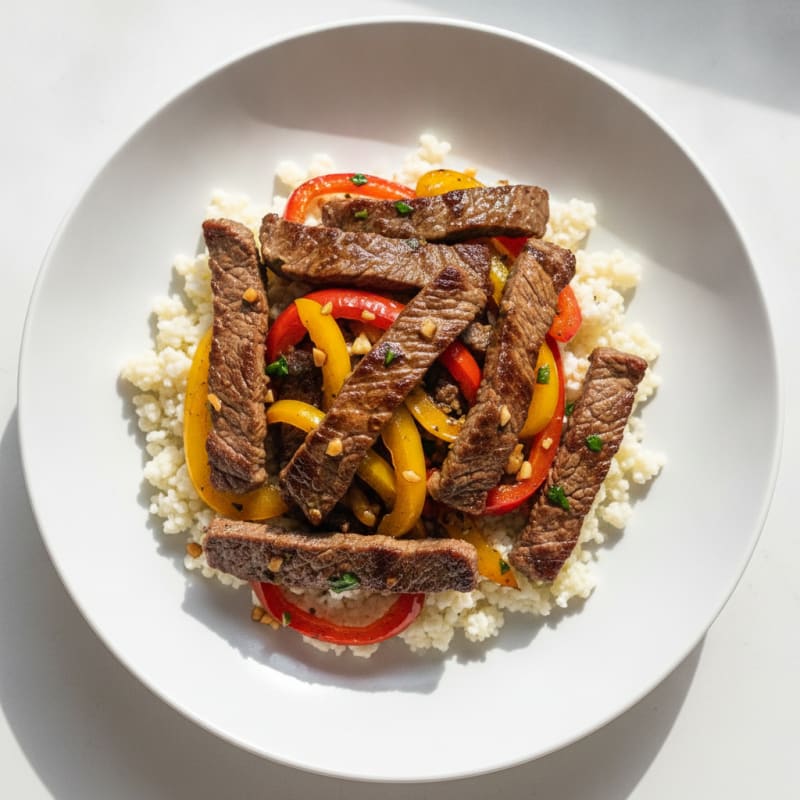 Seared Lean Beef Strips with Cauliflower Rice and Sautéed Peppers