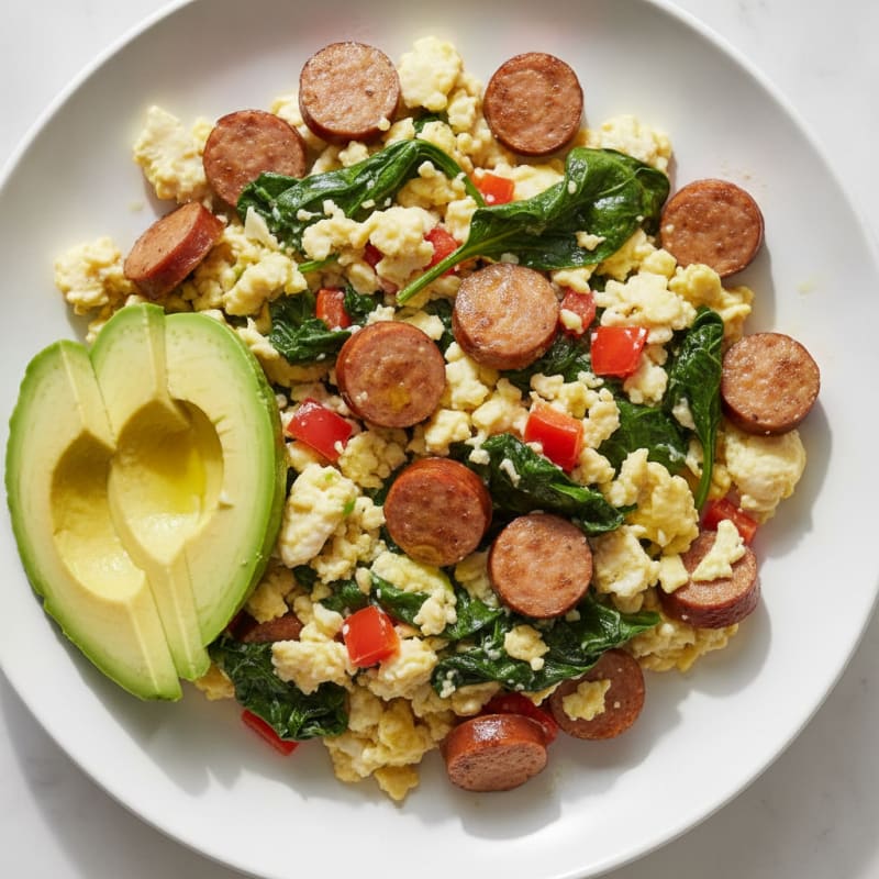 Egg White Scramble with Turkey Sausage and Sautéed Spinach