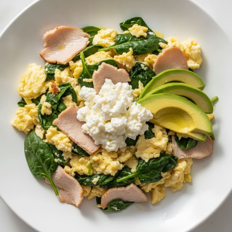 Egg White and Spinach Scramble with Cottage Cheese and Sliced Turkey