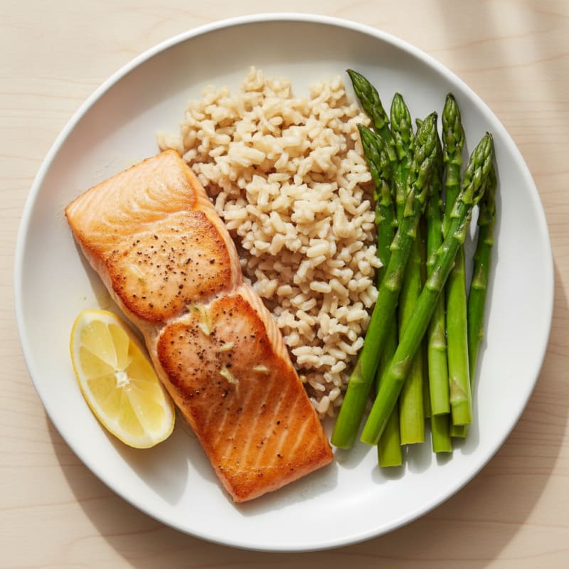 Seared Salmon with Steamed Asparagus and Brown Rice