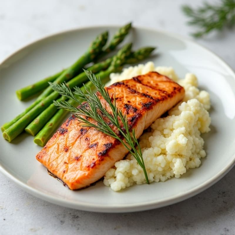 Seared Salmon with Steamed Asparagus and Cauliflower Mash