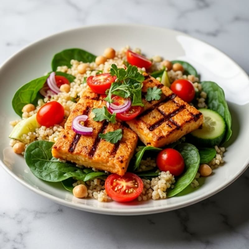 Grilled Tempeh with Crunchy Quinoa Vegetable Salad