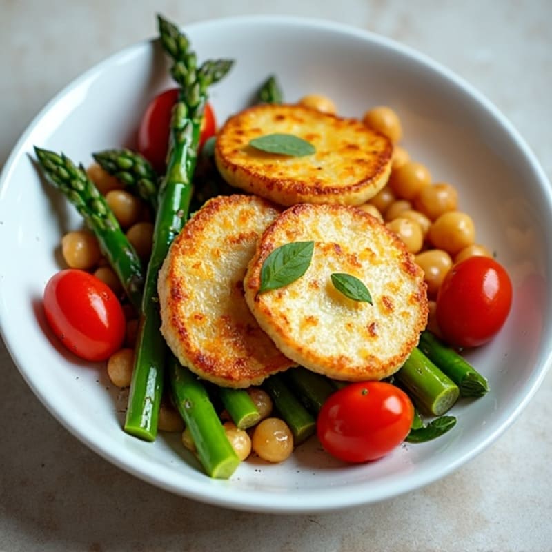 Crispy Pan-Seared Halloumi with Roasted Asparagus and Cherry Tomatoes