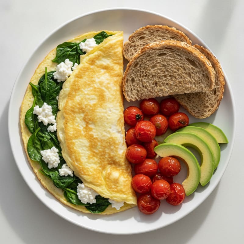 Egg White Spinach Omelette with Cottage Cheese and Cherry Tomatoes
