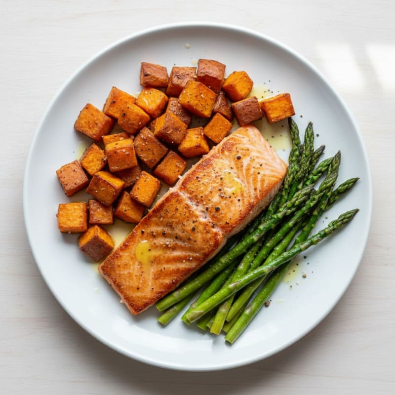 Seared Salmon Fillet with Roasted Sweet Potatoes and Asparagus