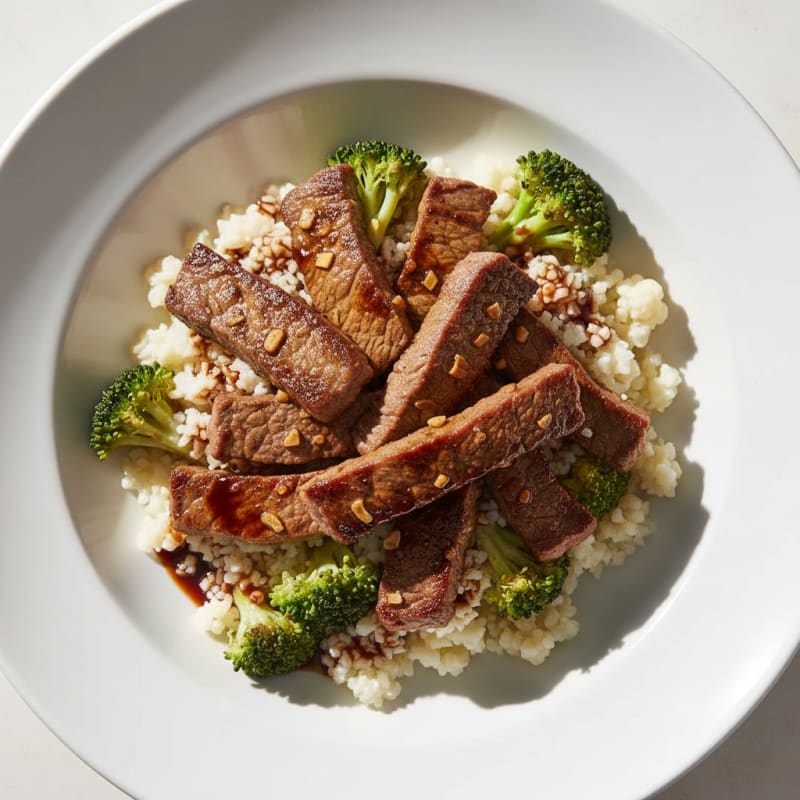Seared Lean Beef Strips with Steamed Broccoli and Cauliflower Rice