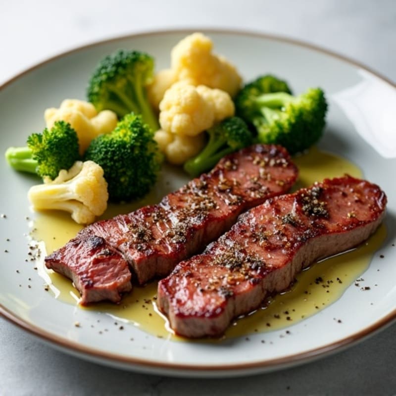 Seared Lean Beef Strips with Roasted Broccoli and Cauliflower