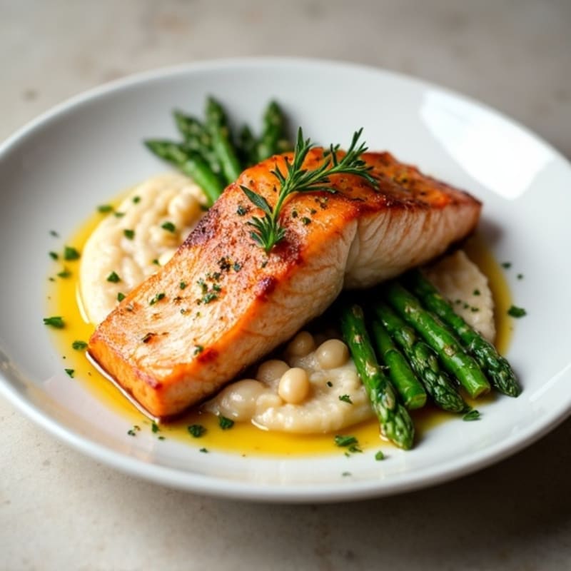 Seared Salmon with Creamy White Bean Mash and Sautéed Asparagus