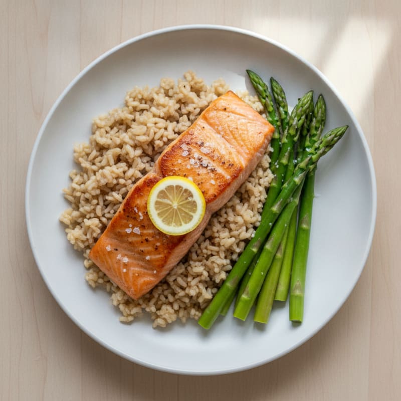 Seared Salmon Filet with Steamed Asparagus and Brown Rice