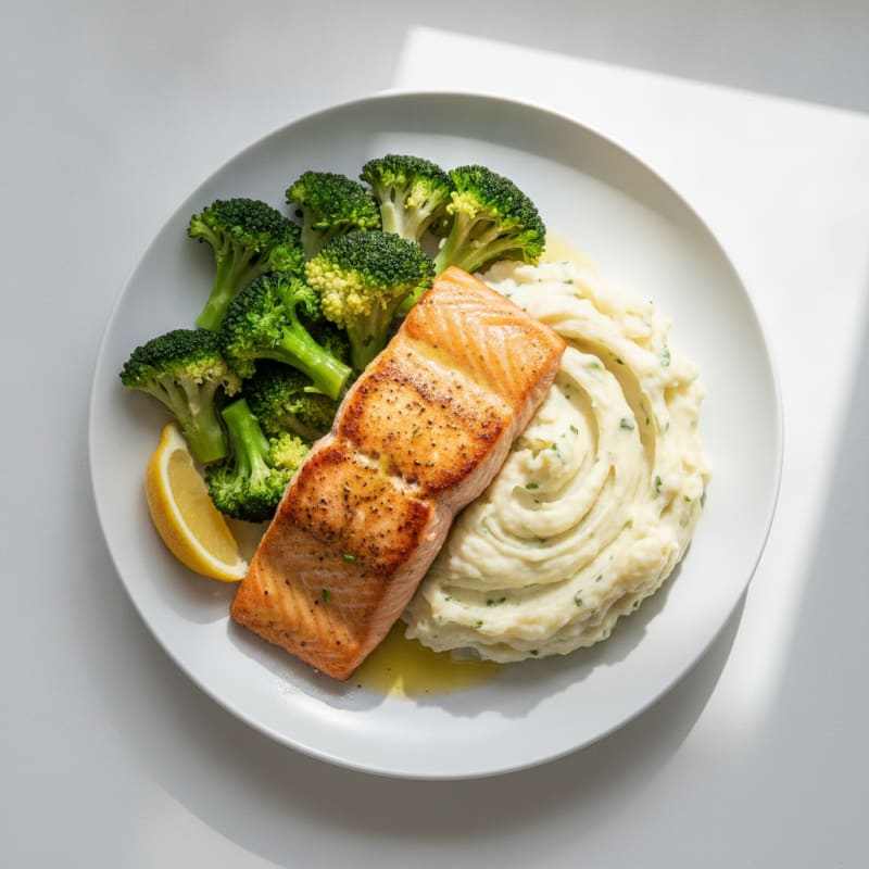 Seared Salmon with Steamed Broccoli and Garlic Mashed Potatoes