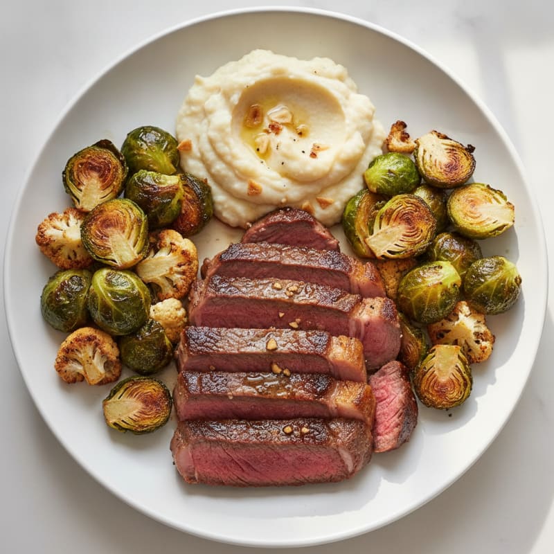 Seared Lean Beef with Roasted Brussels Sprouts and Cauliflower Mash