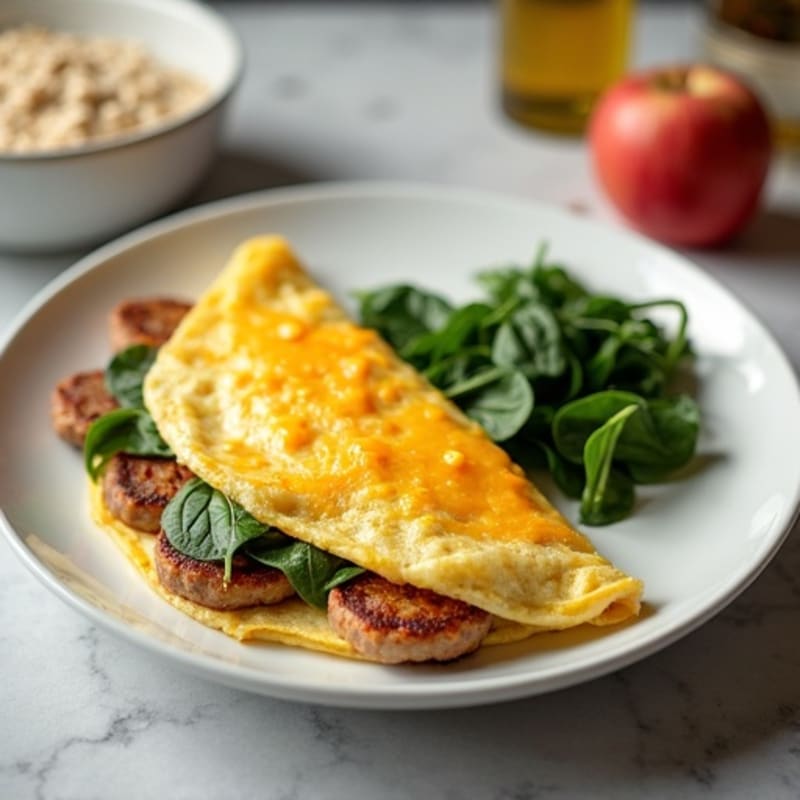 Egg White Spinach Omelet with Turkey Sausage and Fruit Oatmeal