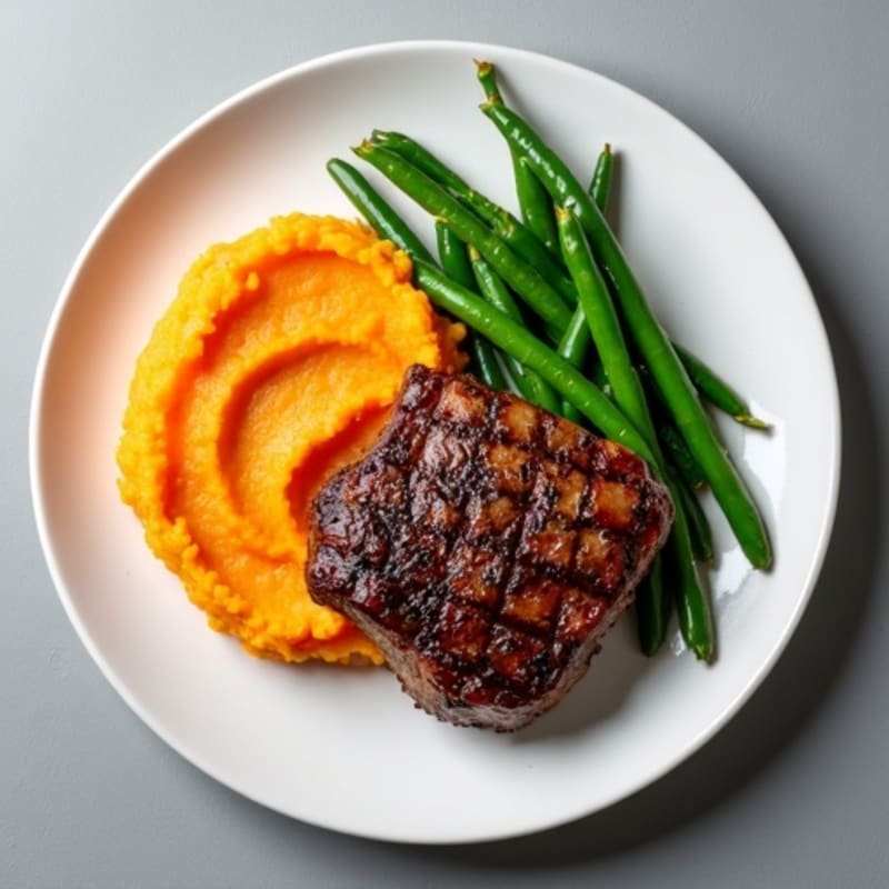 Seared Steak with Garlic Green Beans and Mashed Sweet Potato