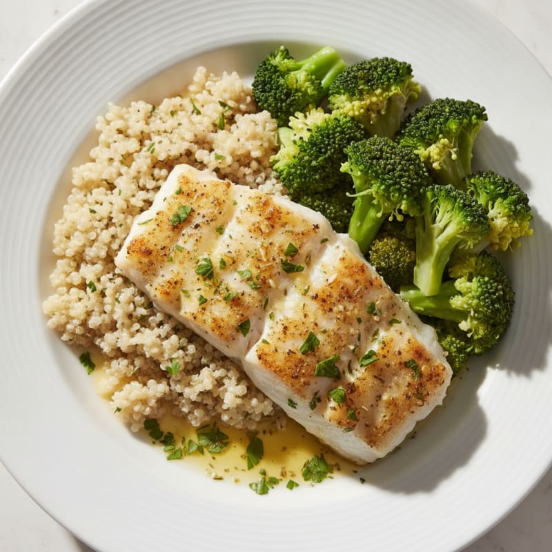 Grilled Lemon Herb Cod with Steamed Broccoli and Quinoa