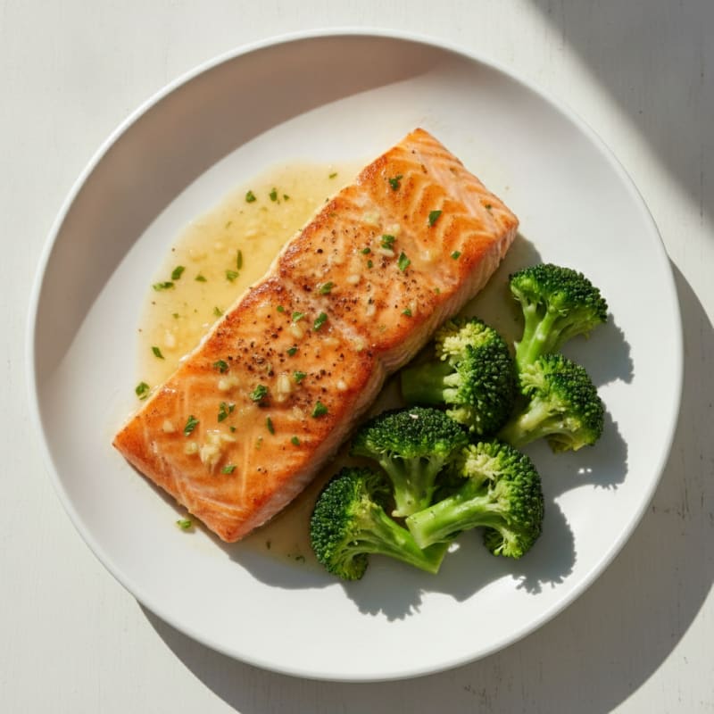 Lemon Garlic Pan Seared Salmon with Steamed Broccoli