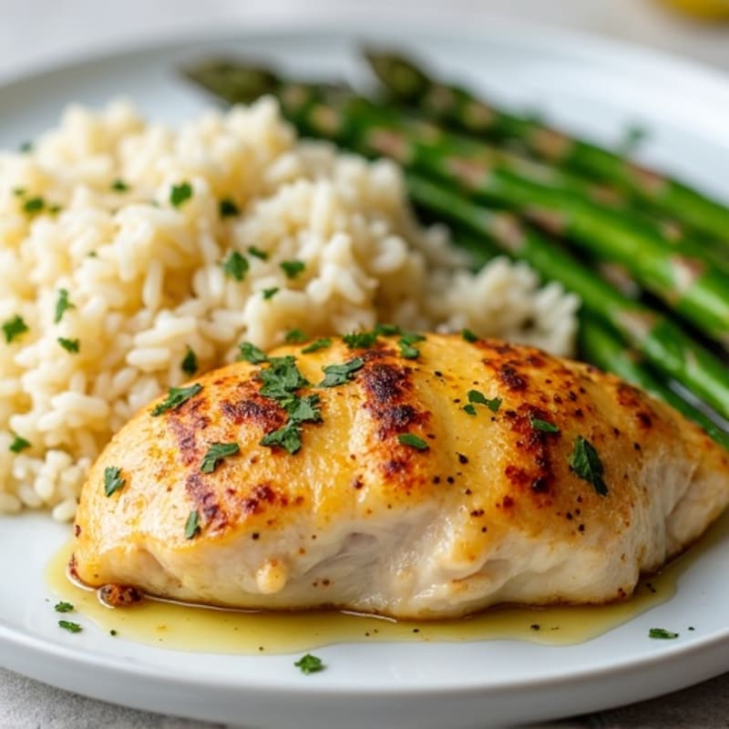 Lemon Herb Chicken with Fluffy Rice Pilaf and Roasted Asparagus