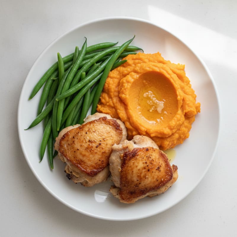 Seared Chicken Thighs with Steamed Green Beans and Sweet Potato Mash