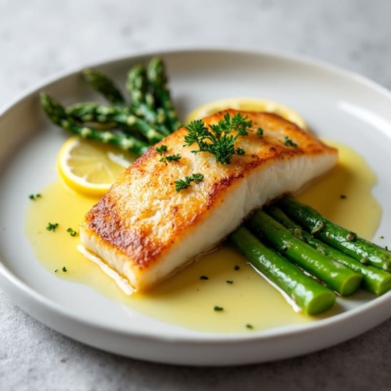 Seared Cod with Steamed Asparagus and Lemon