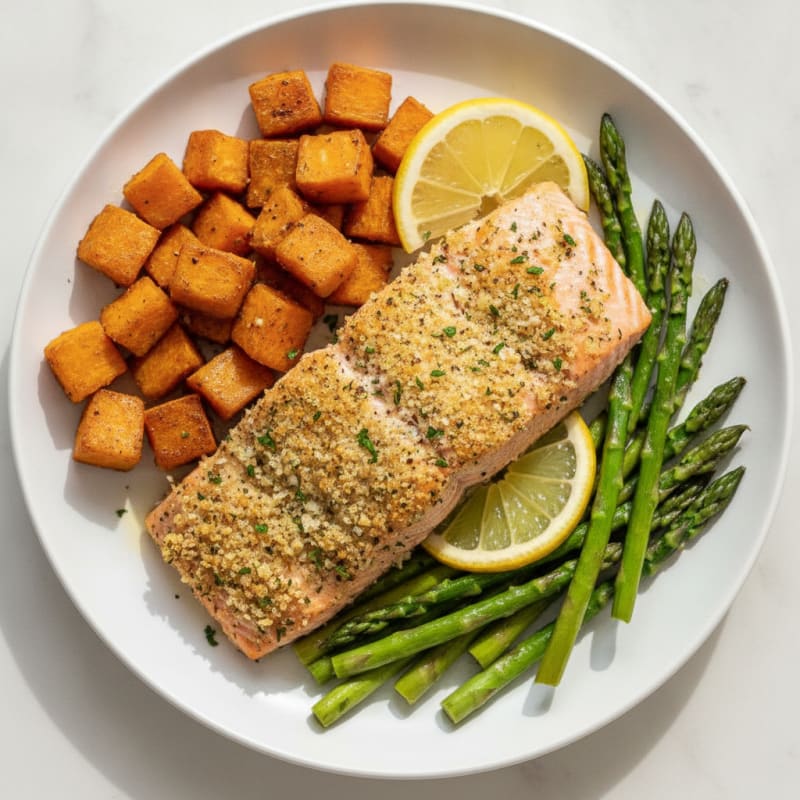 Herb-Crusted Salmon with Roasted Sweet Potatoes
