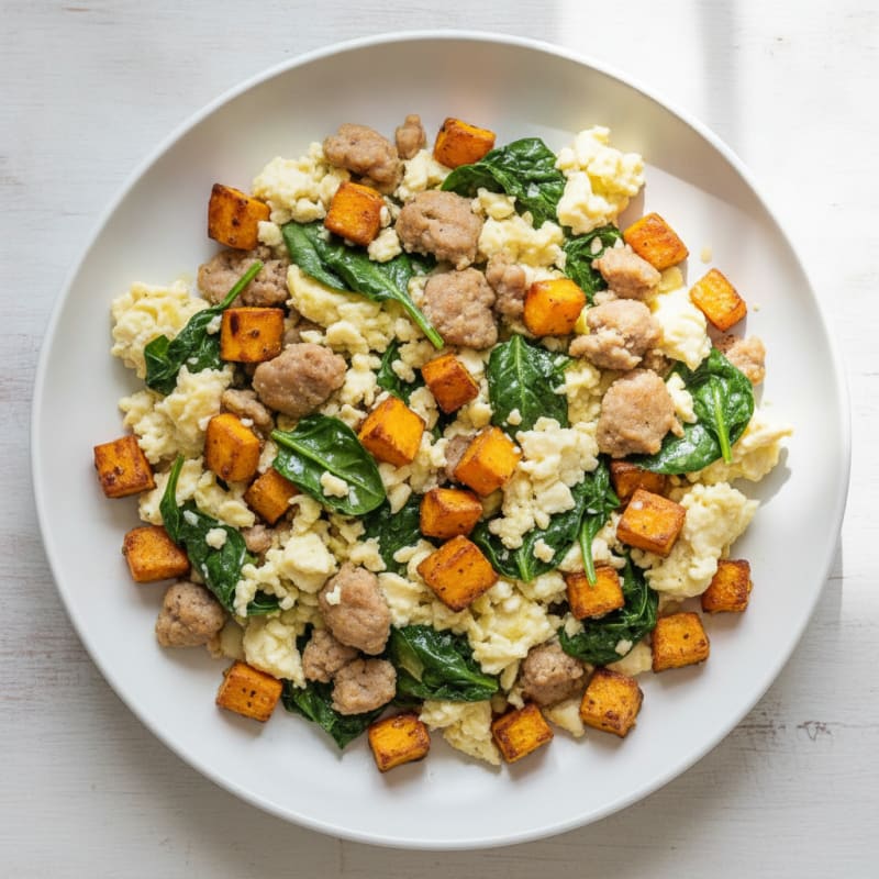 Egg White and Turkey Sausage Scramble with Spinach and Roasted Sweet Potatoes