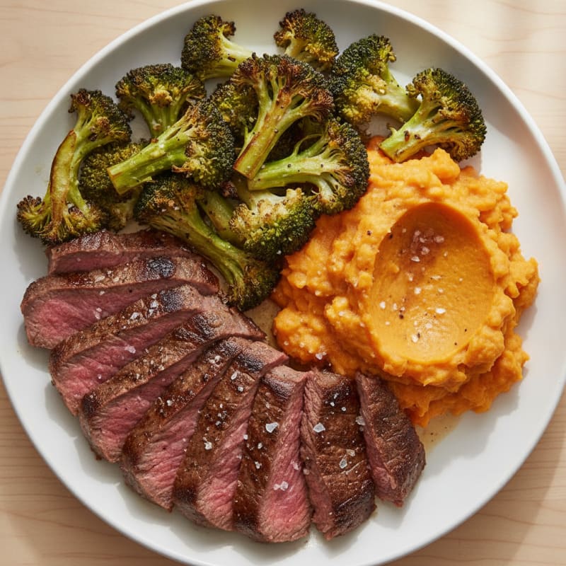 Seared Lean Beef with Roasted Broccoli and Sweet Potato Mash
