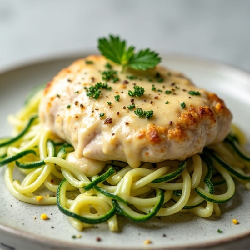 Creamy Cauliflower Alfredo Chicken with Zucchini Noodles
